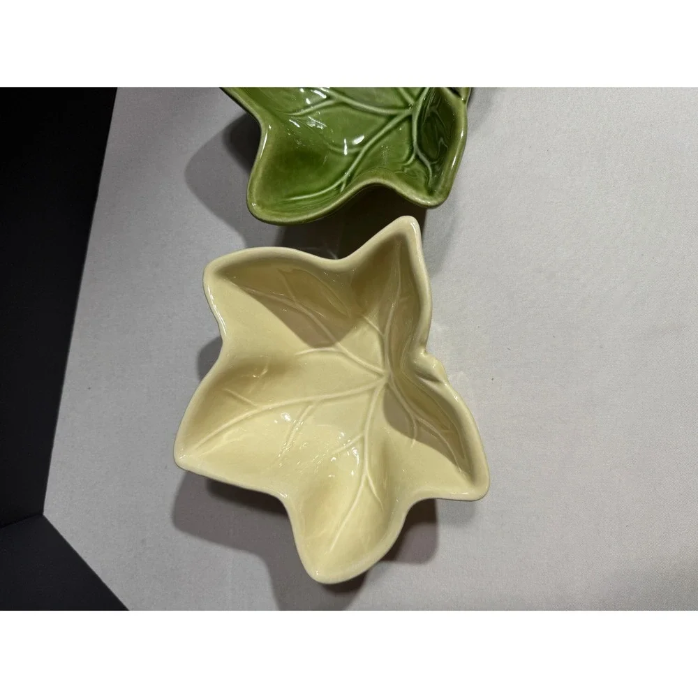 Set of 3 Ceramic Ivy Leaf Dipping Bowls Yellow Green Cream Autumn Harvest Decor